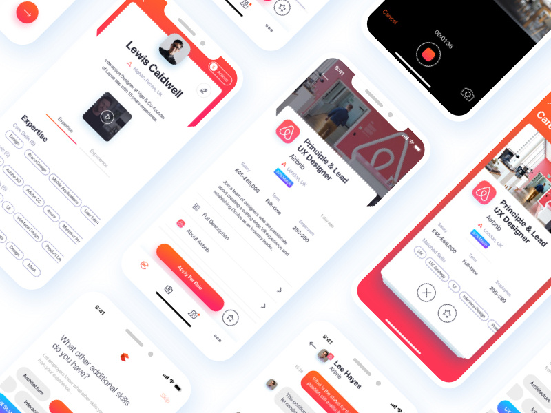 Recruitment App UI job board recruiters brands chat skills jobs recruitment app recruitment brand branding flat mobile ios gradient interface ux white app clean ui
