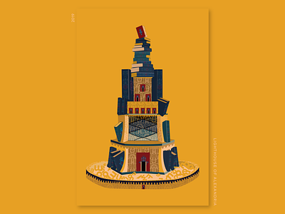 Book Ideation - #34 Lighthouse of Alexandria by Book ai ancient book hamsa idea ideation illustration navy red soledas thanh vector wonderful world yellow