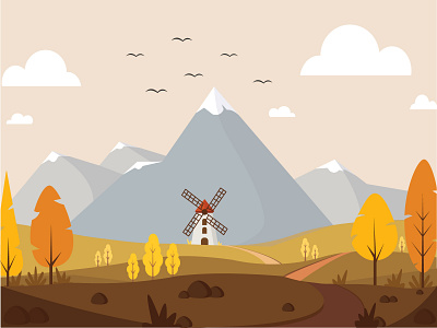 Fields in the Mountains adobe illustrator design flat illustration illustrator landscape mountains vector windmill