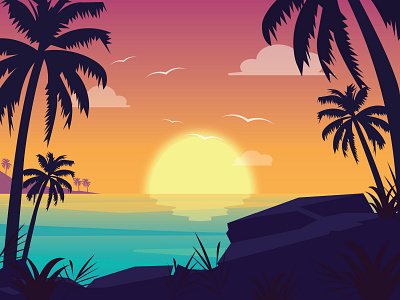 Sunset Beach adobe illustrator beach design flat illustration illustrator landscape sunset ui vector