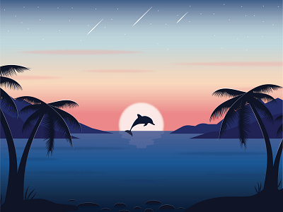 Dolphin Sunset #2 adobe illustrator beach design dolphin drawing flat illustration illustrator landscape vector