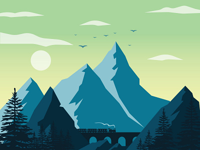 Through The Mountains adobe illustrator design flat illustration illustrator landscape mountains sunset train ui vector