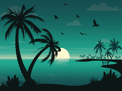 Evening Beach adobe illustrator beach birds design flat illustration illustrator landscape sunset vacation vector