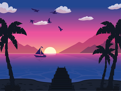 Lonely Boat adobe adobe illustrator ai beach boat design flat illustration illustrator landscape mountains sunset vector webdesign yacht