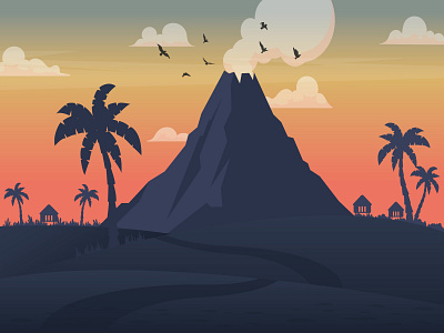 Volcano Beach adobe illustrator ai beach design flat illustration illustrator landscape mountains palm palmtree sand sunset ui vector volcano