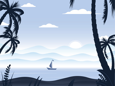 Sunrise Beach adobe illustrator beach boat design flat illustration illustrator landscape mountains ocean palm palmtree summer sunrise sunset vector