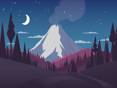 Volcano Landscape adobe illustrator design flat illustration illustrator landscape moon mountains night sunset trees vector volcano