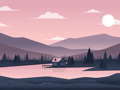 Evening in the Mountains adobe illustrator design flat illustration illustrator lake landscape landscapeillustration mountains sunset vector webdesign