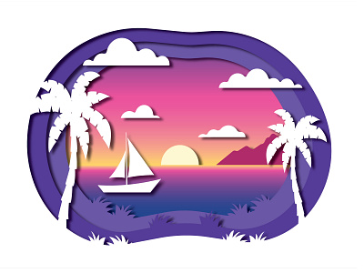 Sunset adobe illustrator beach design flat illustration illustrator landscape mountains sunset vector
