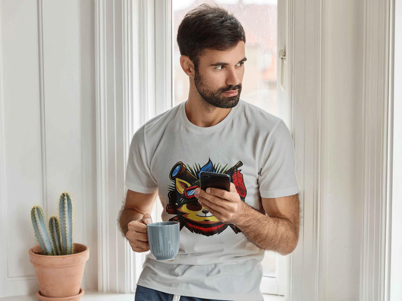 Men T-Shirt Indoor with Phone Mockup - Free Download apparel design free download free psd graphic mockup photoshop t shirt t shirt mockup