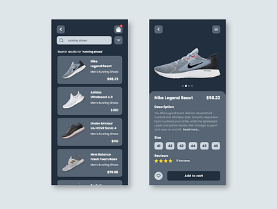 Shoe App Store - Dark Mode app design ecommerce mobile mobile ui mobile ui ux app design clean mobile ui ux app design dark shoe shoes ui uidesign uiux ux
