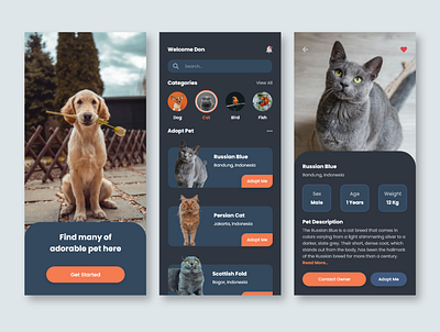 Pet Adoption Mobile App - Dark Mode adoption app dark mode design mobile app mobile ui ux app design clean pet ui uidesign uiux ux