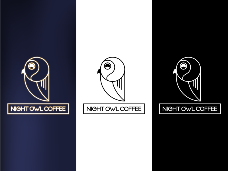 Night Owl Coffee moon bird animal slim joe line art glow coffee logo brand owl