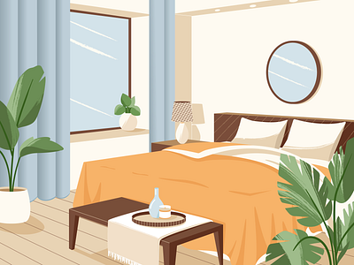 Interior illustration adobe ilustrator bedroom flat illustration interior plants
