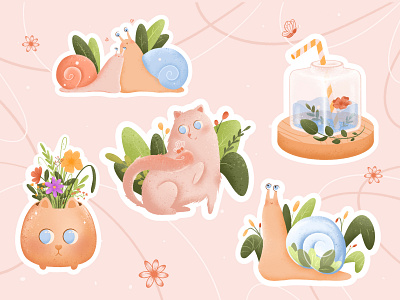 Snails & Cats 2d illustration cat flat plants procreate snails stickers