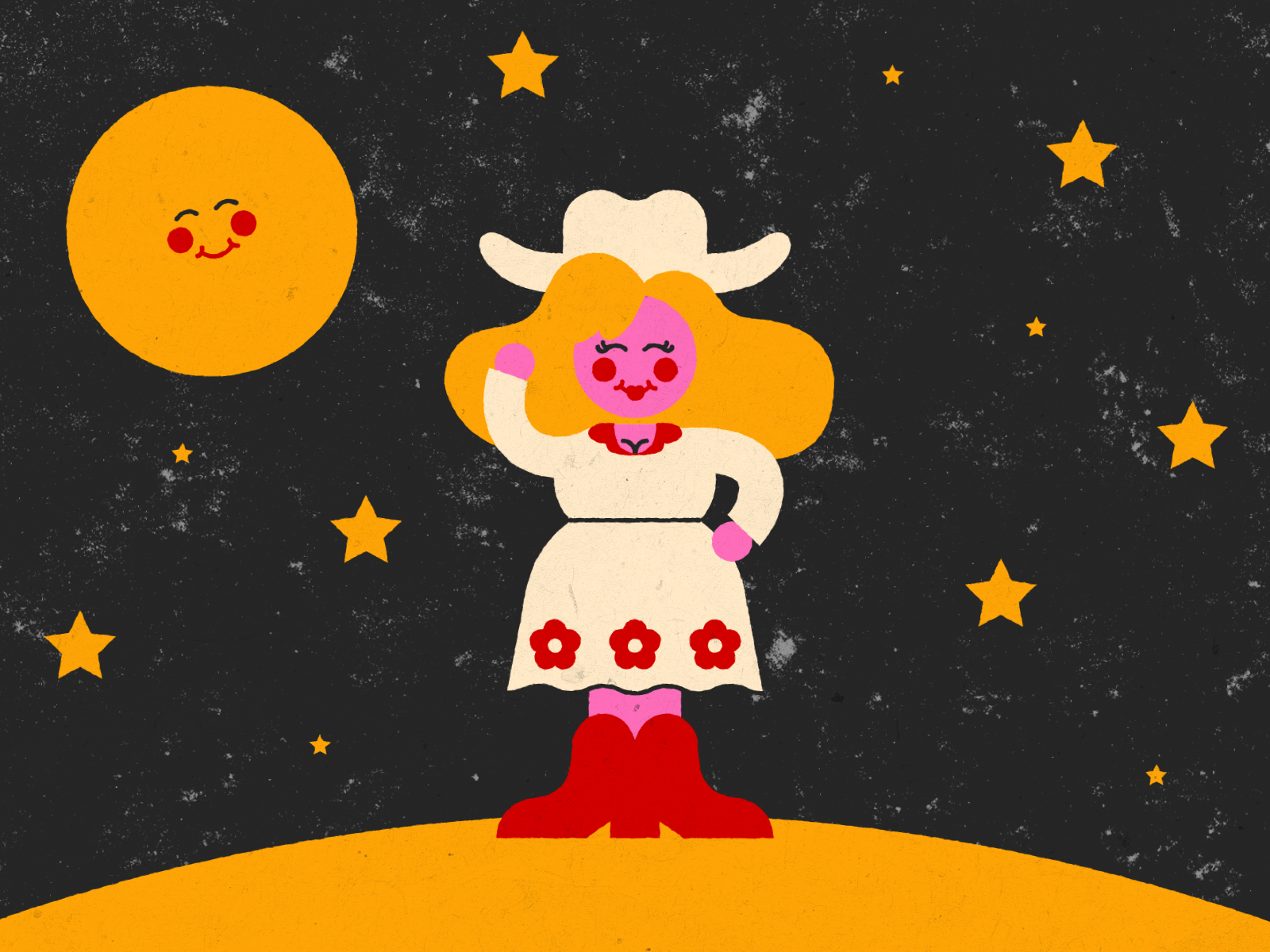 Yeehaw waving cute cowboy girl character character design characterdesign character paper texture vector animation 2d animation after effects illustration stars moon cowgirl