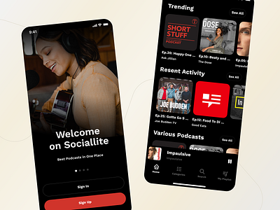 Podcast App Design — Sociallite app brand clean concept dark ui design modern music onboarding photo player podcast song ui ux