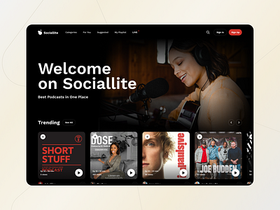 Podcast Home page — Sociallite brand clean dark ui design home page modern music photo player podcast simple song ui ux website