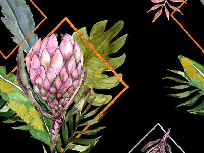 Watercolor, bohemian pink pattern protea