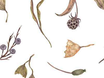 Watercolor seamless pattern whith herbs, berries, gingko