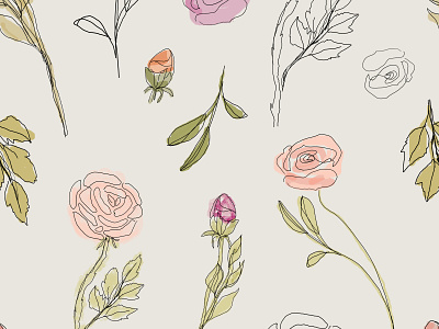 seamless pattern with roses and peonies boho botanical digital paper dribbbleweeklywarmup fabric flower illustration logo outline peonies print roses sketch spring textile watercolor