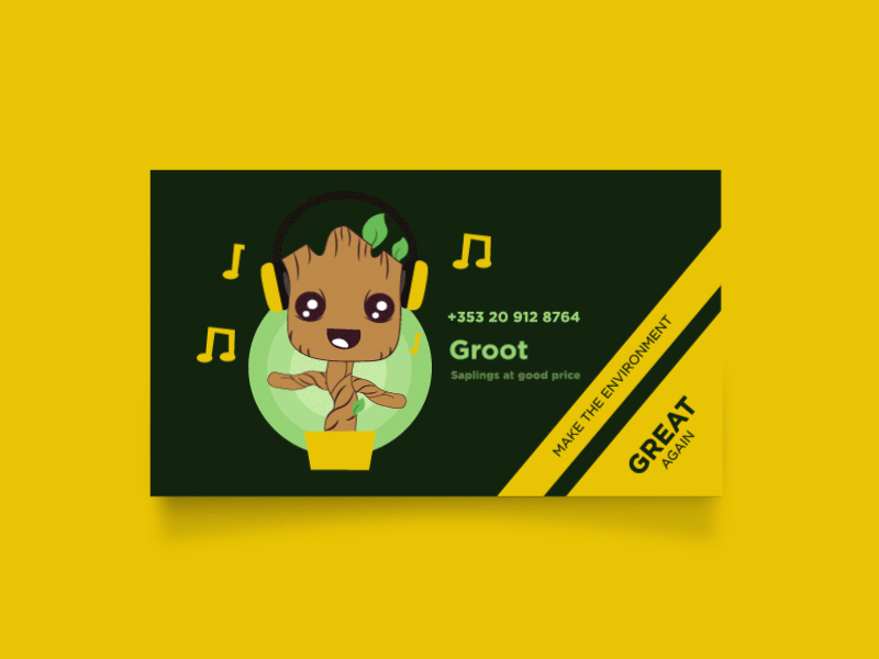 Business Card for a Superhero - Dribbble Weekly Warm Up adobeaftereffects adobeillustator animation businesscard design dribble dribbleweeklywarmup environment gif green groot guardians of the galaxy illustration marvel music sapling superhero tree vector yellow