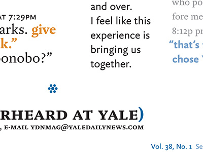 Yale Daily News Magazine redesign prototype, "Overheard" 2 borders college ff yoga literary magazine magneta ornaments prototype quotations redesign yale