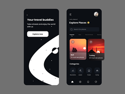 Travel App - Dark Theme app app design clean design flat minimal mobile mobile app design travel travel app ui ux