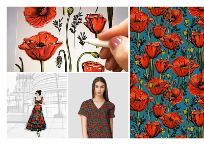 Red Poppy Flower Pattern fabric design fabric print fashion design fashion designer fashion illustration fashion illustrator pattern art poppy surface pattern surface pattern design