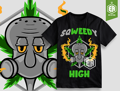 "Sqweedy High" 420 apparel design art cartoon cute digital illustrator hemp illustration illustrations illustrator marijuana merch design print design smoke smoking spongebob squarepants squidward streetwear tshirt design weed