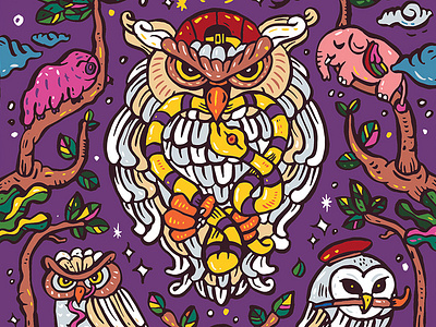 King of Owl animal asia asian bird character drawing elephant illustration leeds owl owls poster poster art print thailand uk vector