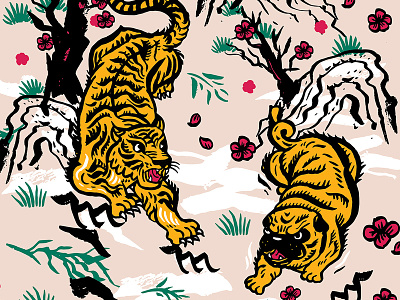 Tiger and Pug animal asia asian cartoon character design drawing illustration japan japanese art poster poster art pug tiger vector