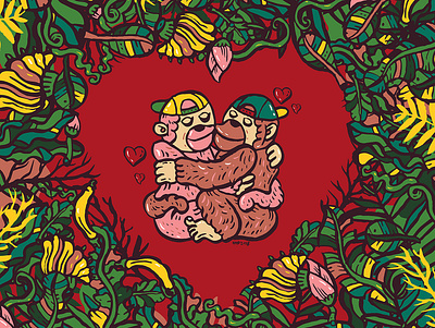Monkey's love animal asian banana cartoon character design drawing illustration love monkey monkey king monkeys poster art vector
