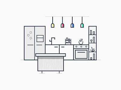 Kitchen bookshelf flat floor fridge icons illustration kitchen line modern outline table vector