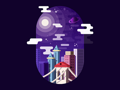 Night Sky building city clouds flat icon illustration moon night planet sky stars vector