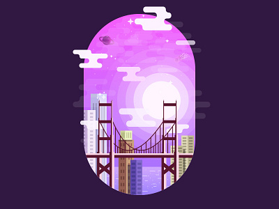 Purple Sky block building clouds icon illustration planet sky stars sun tower town vector