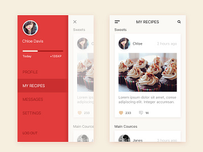 Red Menu app comments flat interface ios material minimal mobile read submenu ui ux