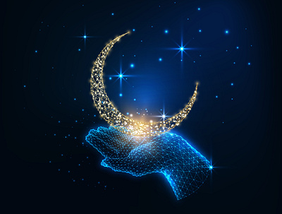 Moon in hand astrology crescent moon female hand glow in the dark golden moon hand holding low poly mysterious mystic polygonal art vector wireframe art