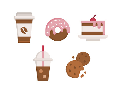 Coffee shop icons cakes cake candy coffee coffeeshop donuts flat icon illustration logo sweet tea vector