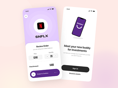 Buddy: your guide to investments android app app design clean ui dailyui finance app fintech app investment app ios app minimal minimal design ui