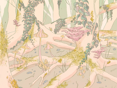 Enchanted Wood cute detail ecology fairytale fantasy forest illustration ivy moss mushroom nature pink pretty procreate trees wood