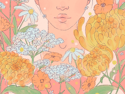 garden variety fairy close up bloom character chrysanthemum close up cow parsely daisy detail face flowers illustration lips orange pink pollen poppy procreate yellow