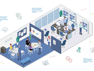 Isometric illustrations of people working in the office