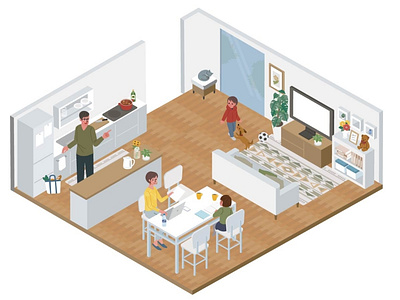 Isometric illustration of a family doing a "stay home"