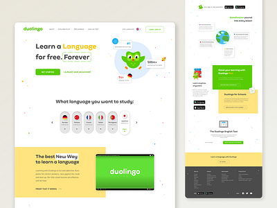 Duolingo re-design clean design figma green landing landing page language learning mockup redesign study ui ux web web design yellow