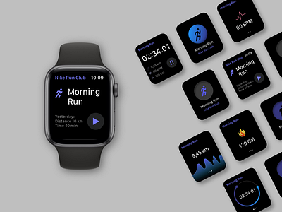 Nike Run Club - WatchOS adobe xd app apple watch clean design dark mode fitness app nike nike run club run app ui uiux ux watch os xd