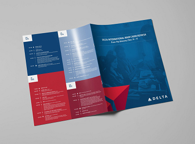 Delta International Main Cabin Refresh Press Trip Itinerary bifold brochure design layout print design