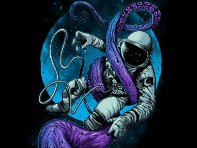 Octopus Attack animal astronaut cosmic cosmonaut cosmos octopus space spaceman surreal tentacle