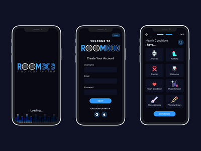 ROOM808: Part 1 - Onboarding branding dark mode design fitness app logo mobile music onboarding ui