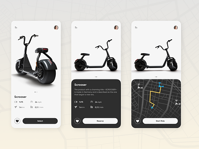 Scooter Rent App app app design clean concept conceptual dark design map mobile mobile app mobile ui scooter ui uidesign webdesign